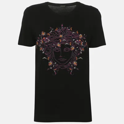 Pre-owned Versace Black Jersey Medusa Embroidered T-shirt M