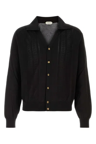 Versace Silk And Cotton Knit Polo Cardigan In Black