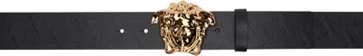 VERSACE BLACK 'LA MEDUSA' GRECA LEATHER BELT
