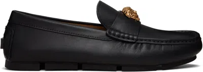 Versace Black 'la Medusa' Leather Driver Loafers In Animal Print