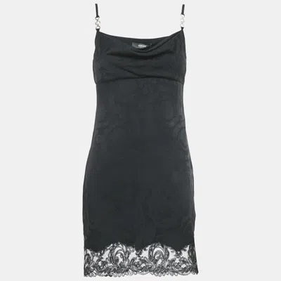 Pre-owned Versace Black Lace Trim Jacquard Satin Cowl Neck Mini Dress S
