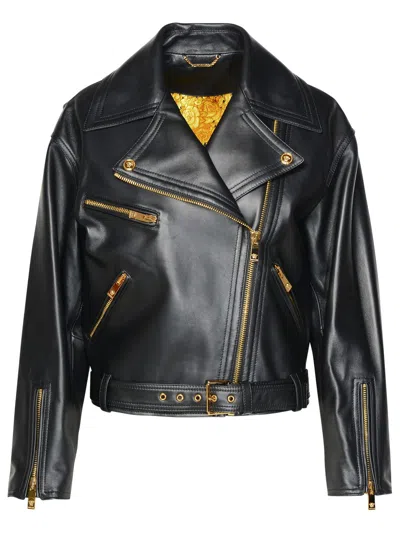 Versace Plonge Leather Moto Jacket In Black