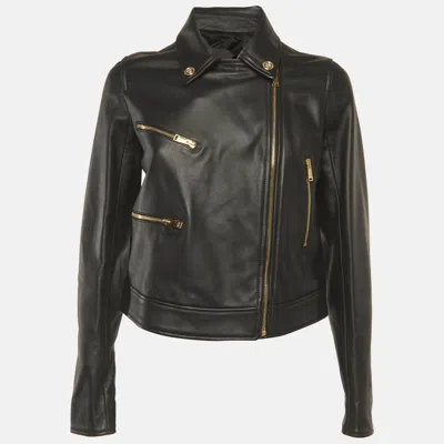 Pre-owned Versace Black Lambskin Leather Zip Up Jacket S