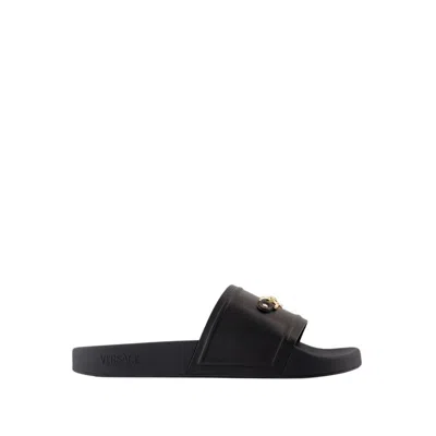 Versace Black Lambskin Sandals With Distinctive Emblem