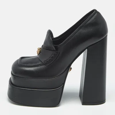 Pre-owned Versace Black Leather Aevitas Block Heel Pumps Size 37