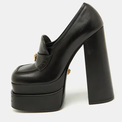 Pre-owned Versace Black Leather Aevitas Platform Block Heel Pumps Size 39