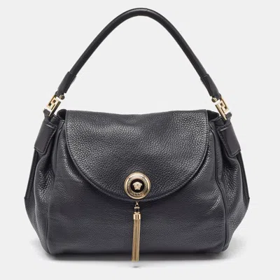 Pre-owned Versace Black Leather Altea Medusa Flap Shoulder Bag