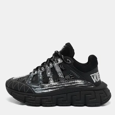 Pre-owned Versace Black Leather And Canvas Trigreca Sneakers Size 35