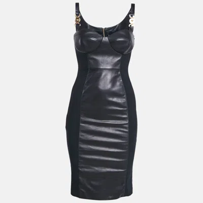 Pre-owned Versace Black Leather And Jersey Zip-up Bodycon Mini Dress Xs
