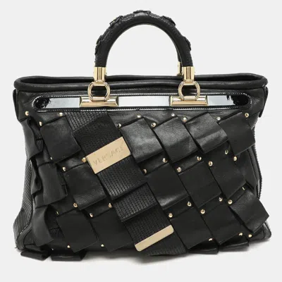 Versace Black Leather And Patent Leather Vanitas Tote