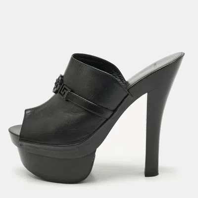 Versace Black Leather And Wooden Platform Medusa Sandals In Animal Print