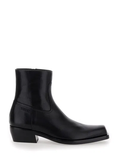 VERSACE BLACK LEATHER ANKLE BOOTS