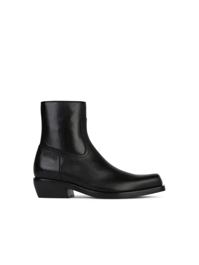 VERSACE VERSACE BLACK LEATHER ANKLE BOOTS