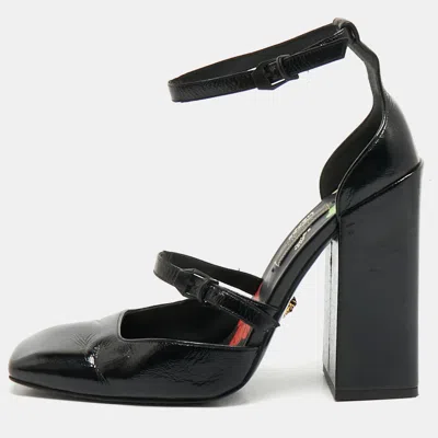 Versace Black Leather Ankle Wrap Block Heel Pumps