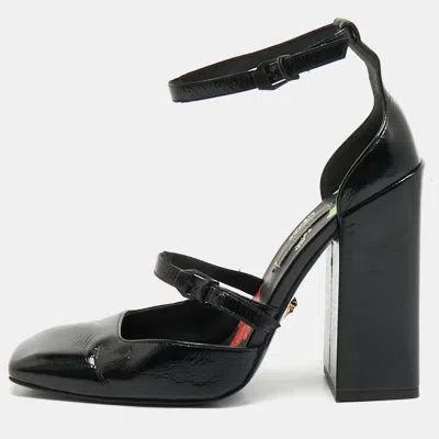 Pre-owned Versace Black Leather Ankle Wrap Block Heel Pumps Size 38