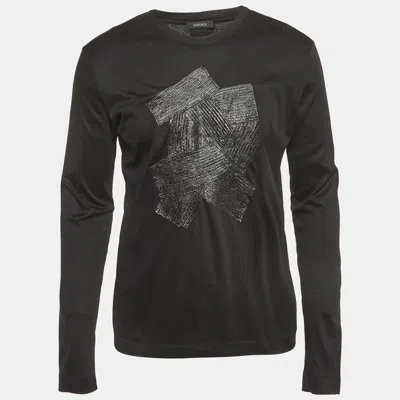 Pre-owned Versace Black Leather Applique Jersey T-shirt M