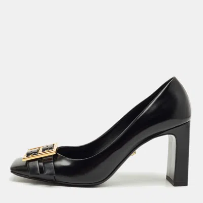 Pre-owned Versace Black Leather Block Heel Pumps Size 38.5
