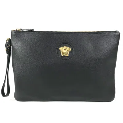 Pre-owned Versace Black Leather Clutch Bag Handbag ()