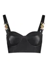 VERSACE BLACK LEATHER CROP TOP WITH METALLIC DETAILS FOR WOMEN