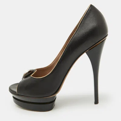Versace Black Leather Crystal Peep Toe Platform Pumps
