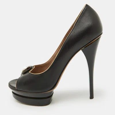 Pre-owned Versace Black Leather Crystal Peep Toe Platform Pumps Size 38.5