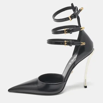 Pre-owned Versace Black Leather Decollete Triple Ankle Strap Pumps Size 37