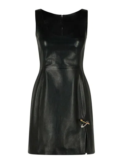 Versace Pin Detail Mini Scoop Sleeveless Dress In Black