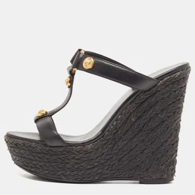 Versace Black Leather Embellished Wedge Sandals