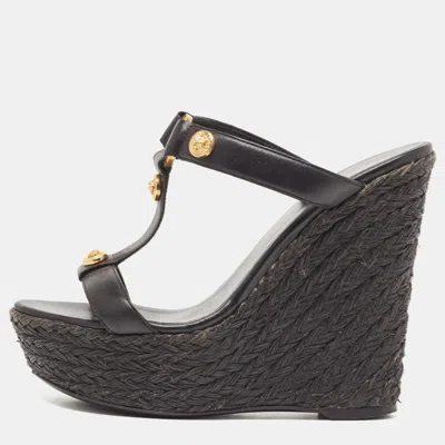 Pre-owned Versace Black Leather Embellished Wedge Sandals Size 37