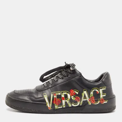 Pre-owned Versace Black Leather Floral Logo Low Top Sneakers Size 39