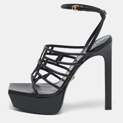 Versace Black Leather Greca Cage Platform Sandals