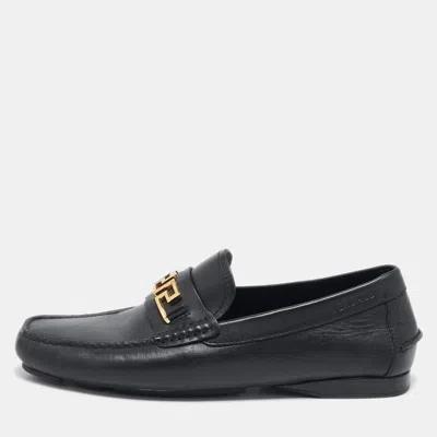 Pre-owned Versace Black Leather Greca Slip On Loafers Size 42