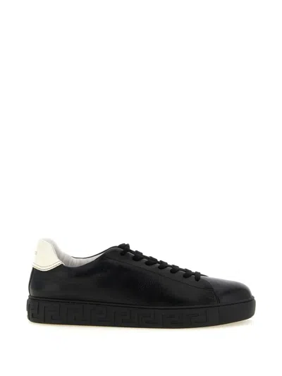 Versace Black Leather Greca Sneakers With White Heel Tab
