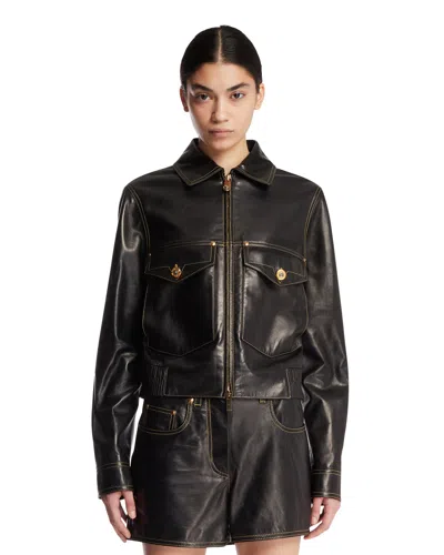 Versace Black Leather Jacket In Black Nero   #000000