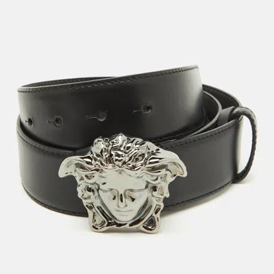 Pre-owned Versace Black Leather La Medusa Buckle Belt 80cm
