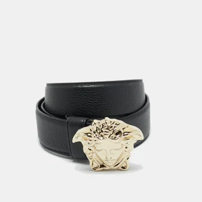 Pre-owned Versace Black Leather La Medusa Buckle Belt 90 Cm