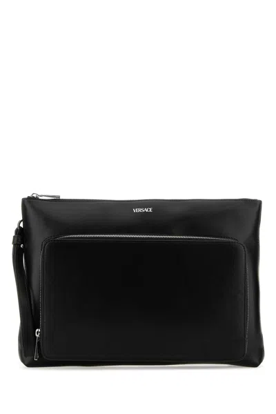 Versace Black Leather Large Cargo Clutch