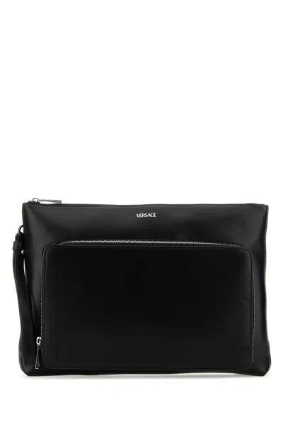 Versace Black Leather Large Cargo Clutch