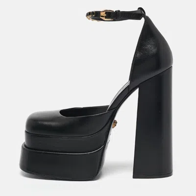 Pre-owned Versace Black Leather Medusa Aevitas Double Platform Pumps Size 39