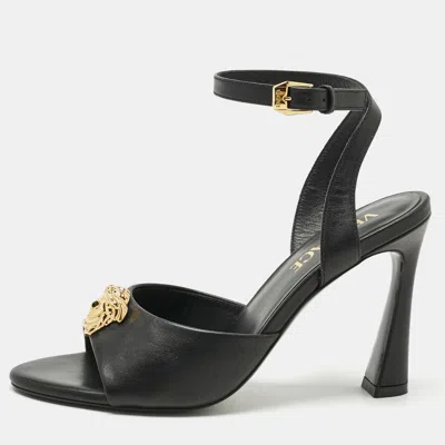 Pre-owned Versace Black Leather Medusa Ankle Strap Sandals Size 35