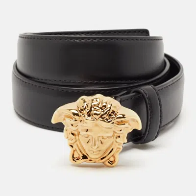 Pre-owned Versace Black Leather Medusa Buckle Belt 85cm