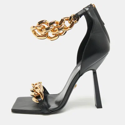 Pre-owned Versace Black Leather Medusa Chain Ankle Strap Sandals Size 41