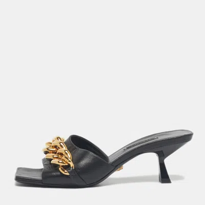 Versace Black Leather Medusa Chain Link Slide Sandals
