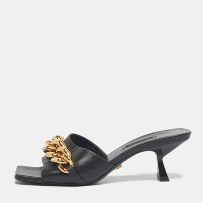 Pre-owned Versace Black Leather Medusa Chain Link Slide Sandals Size 36