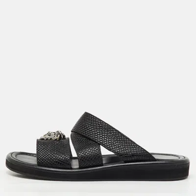 Versace Black Leather Medusa Detail Flat Slide Sandals