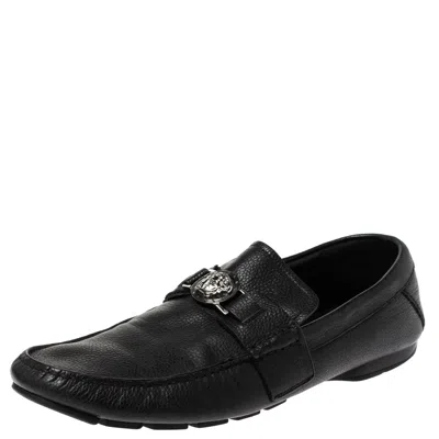 Versace Black Leather Medusa Detail Slip On Loafers