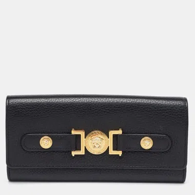 Pre-owned Versace Black Leather Medusa Flap Continental Wallet