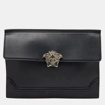 Pre-owned Versace Black Leather Medusa Flap Pouch Clutch