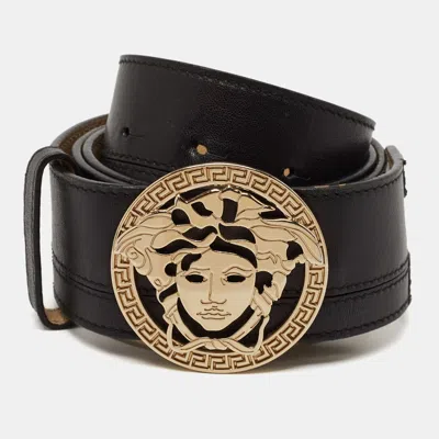 Pre-owned Versace Black Leather Medusa Head Buckle Belt 85cm