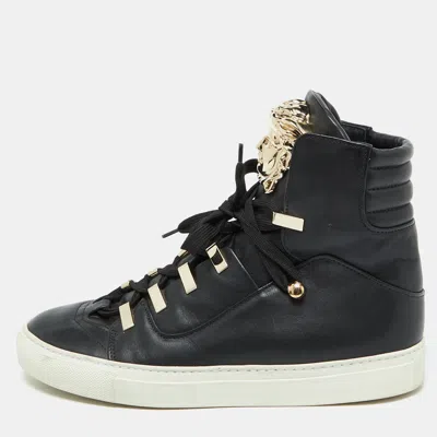 Pre-owned Versace Black Leather Medusa High Top Sneakers Size 39